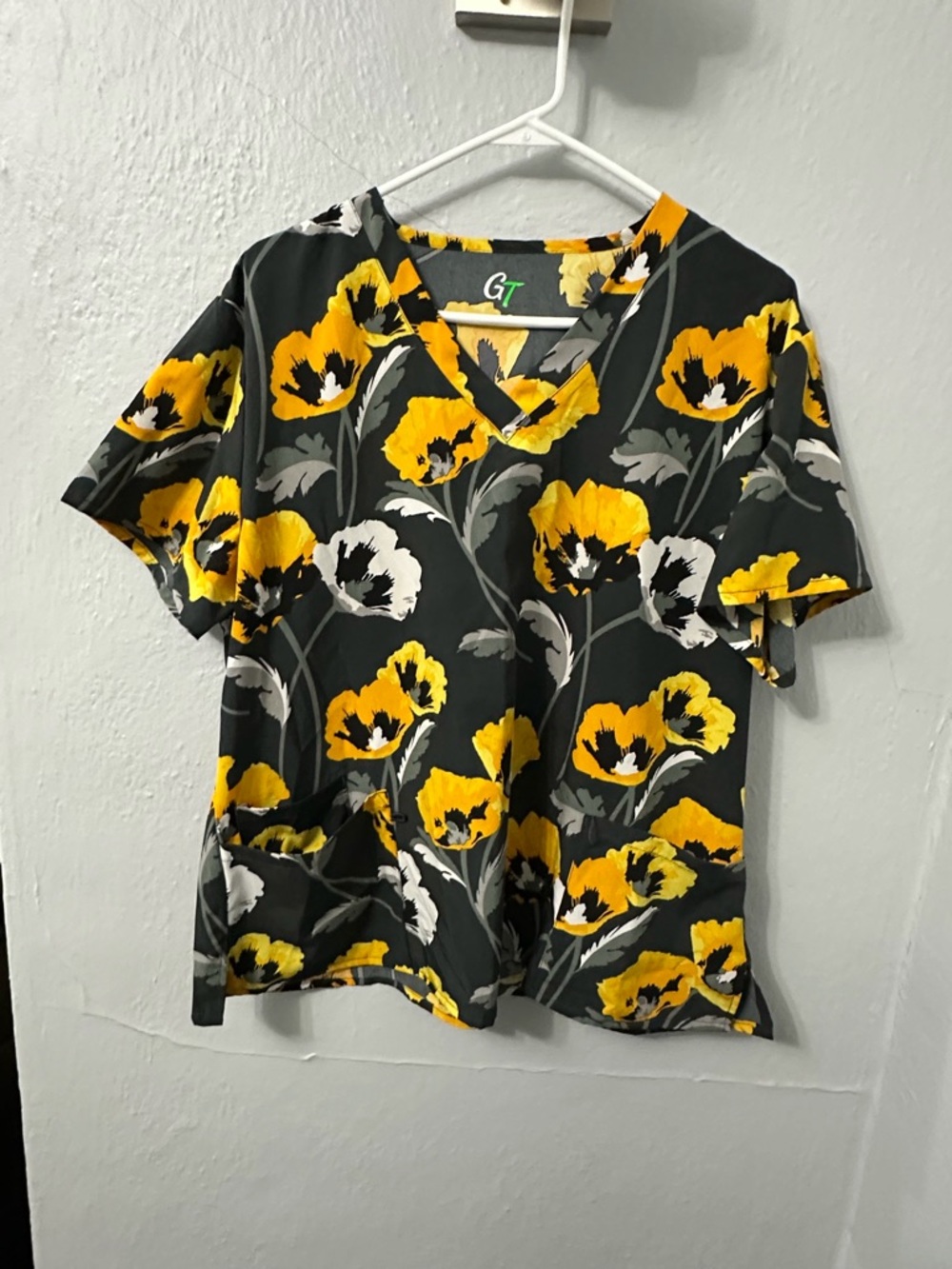 Black and Yellow Floral Scrub Top